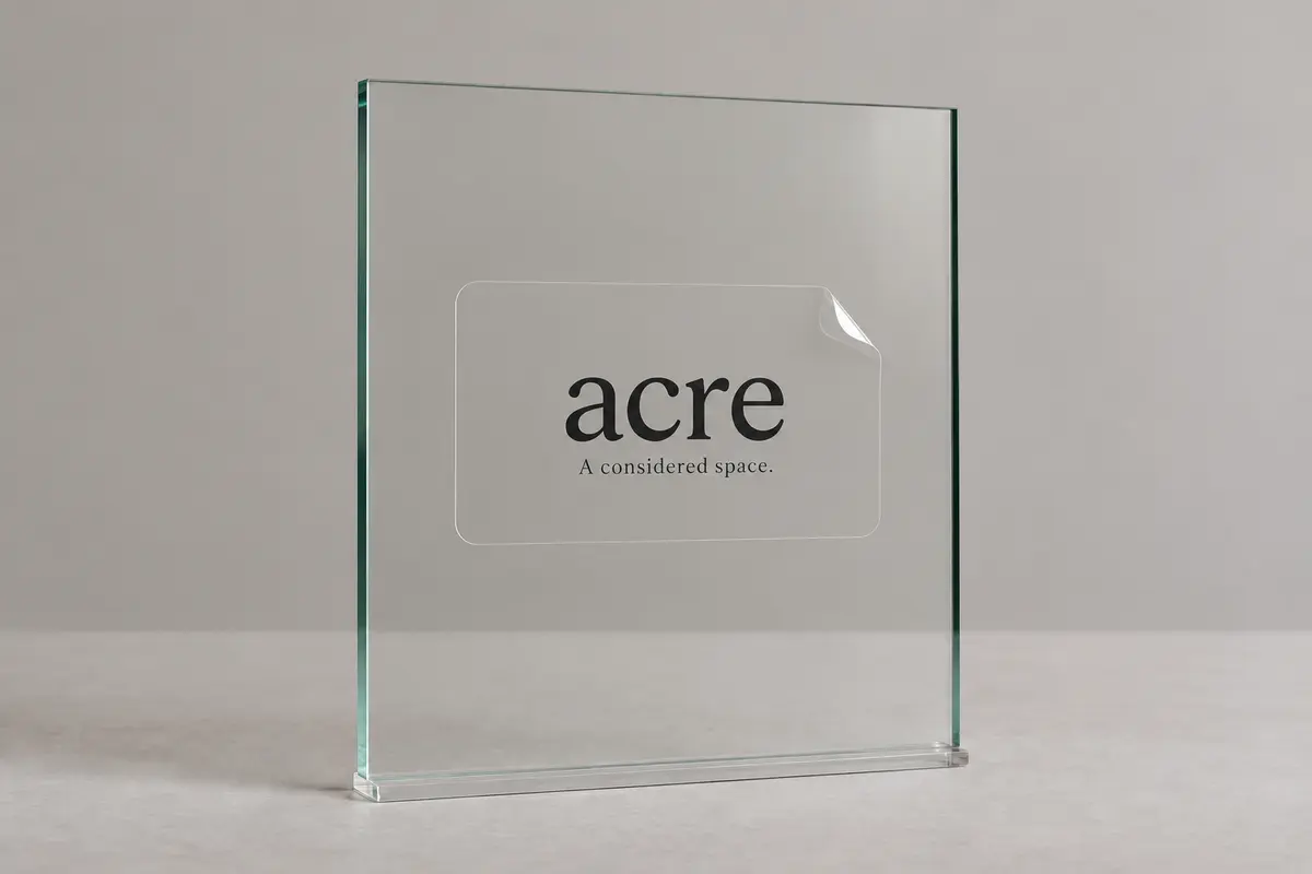 Transparent Acre window decal with black printed lettering on clear glass