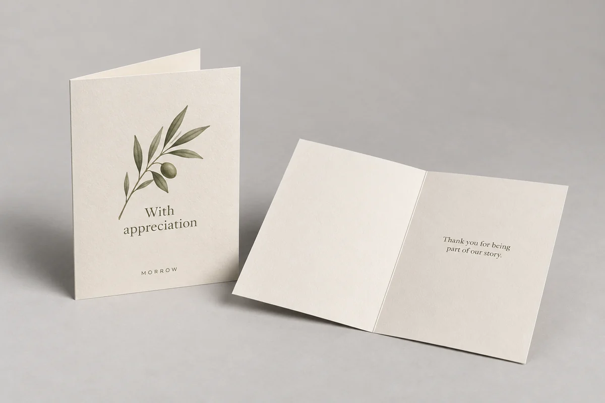 Morrow greeting cards photographed on a soft neutral studio background