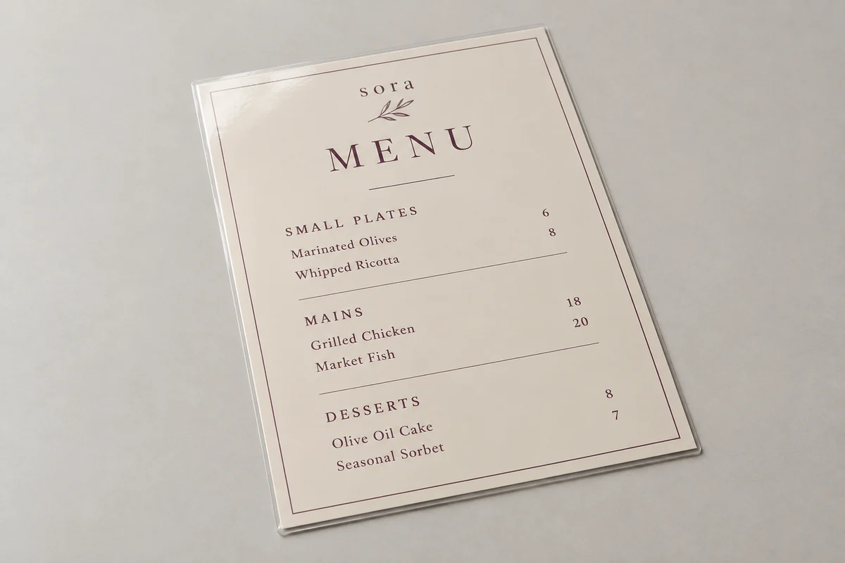 Sora laminated menus photographed on a soft neutral studio background