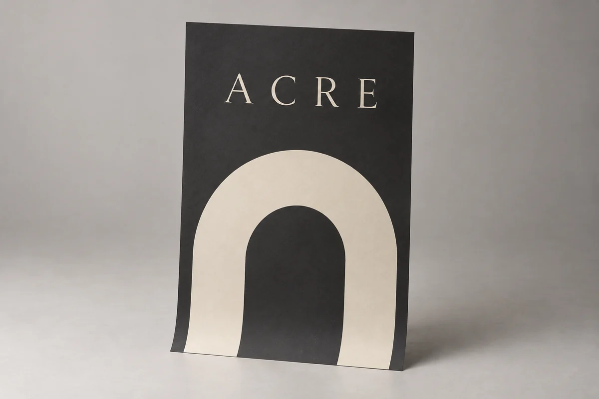 Acre large format posters photographed on a soft neutral studio background