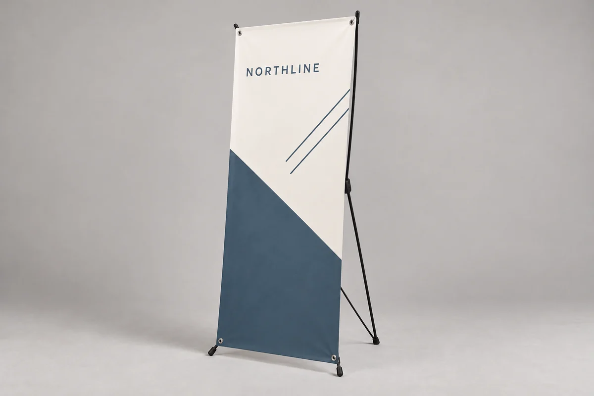 Northline x-frame banners photographed on a soft neutral studio background
