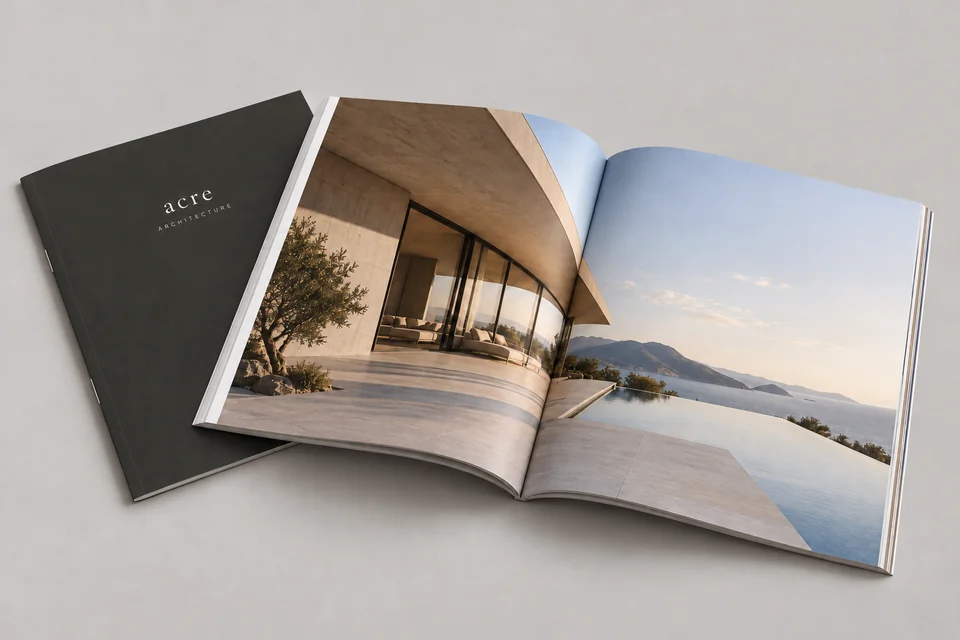 Open Acre catalog and bound booklet on a clean studio backdrop