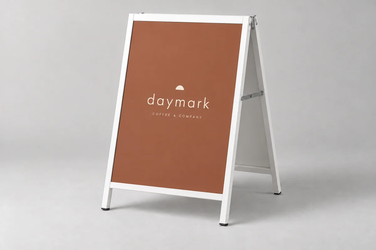 Daymark a-frame signs photographed on a soft neutral studio background