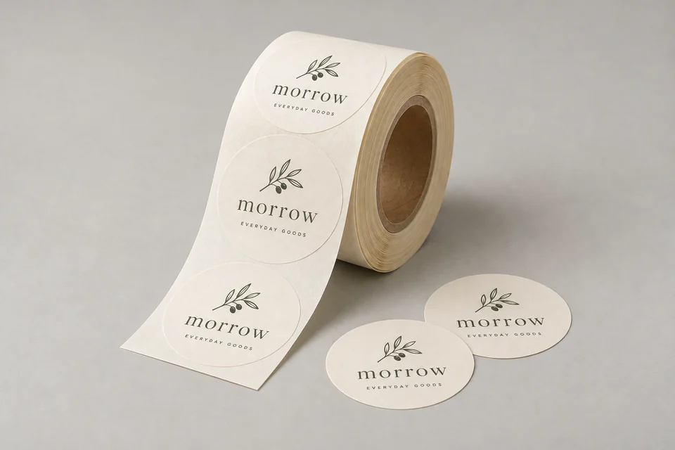 Morrow roll labels and individual round stickers on a clean studio backdrop
