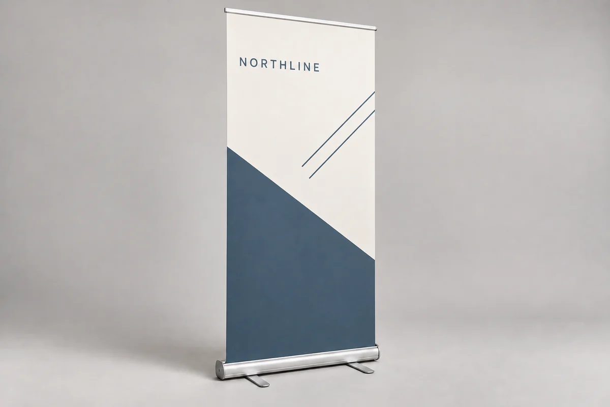 Northline retractable banners photographed on a soft neutral studio background