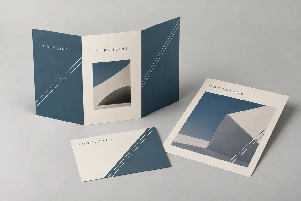 Northline brochure, flyer and postcard photographed in a minimal studio arrangement